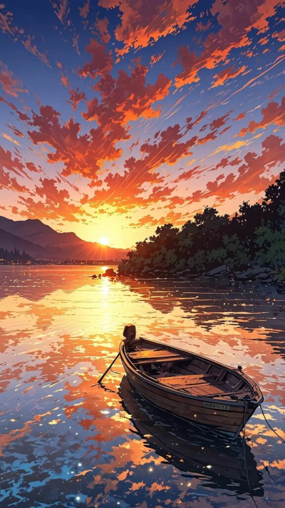 Chiếc thuyền ngoài xa lặng lẽ ngắm hoàng hôn đỏ rực trên hồ