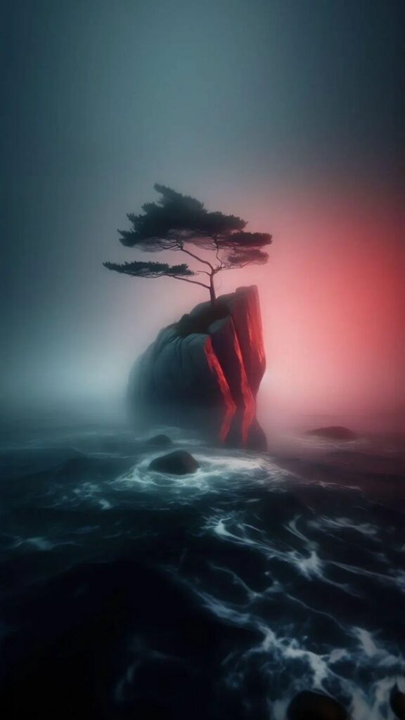Cây cô đơn trên đảo đá, ánh sáng đỏ kỳ ảo bao quanh