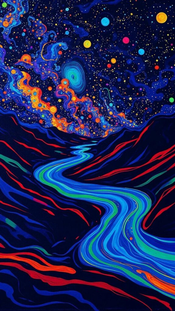 Dòng sông màu sắc neon chảy qua vũ trụ vô tận