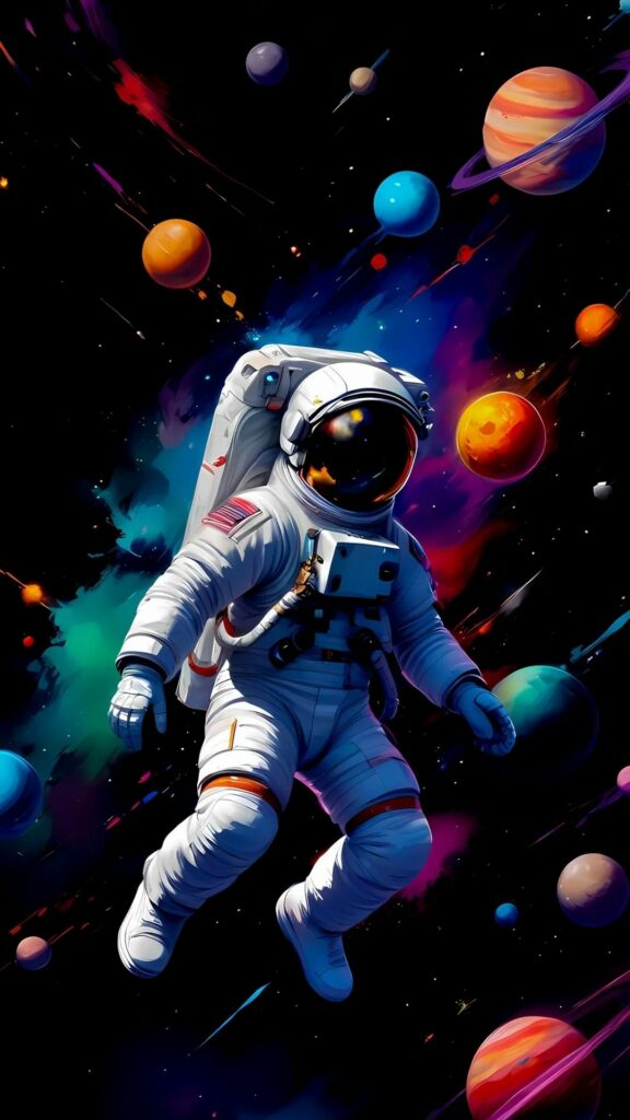 Phi hành gia nổi bồng bềnh giữa không gian, đầy màu sắc
