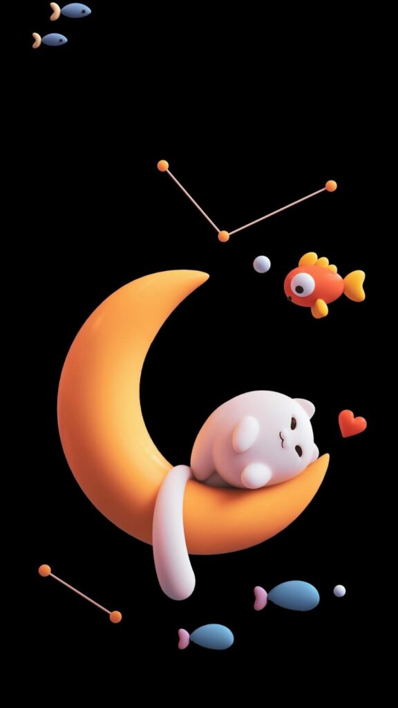 Chú mèo con đáng yêu ngủ trên trăng lưỡi liềm giữa các vì sao