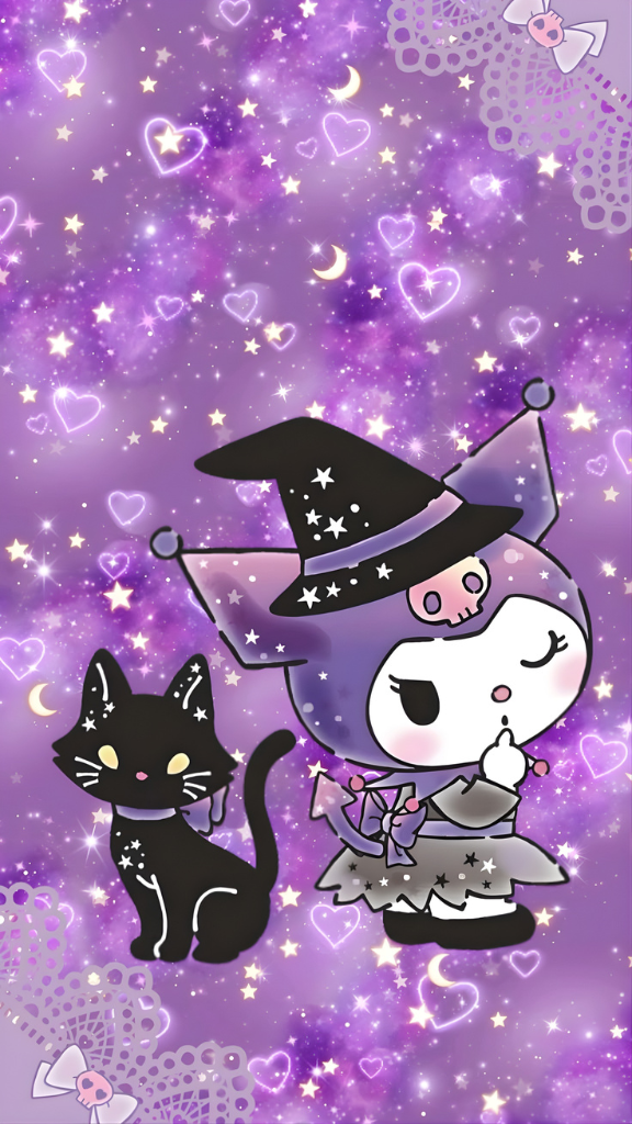 Hình nền Kuromi và chú mèo đen lạnh lùng 