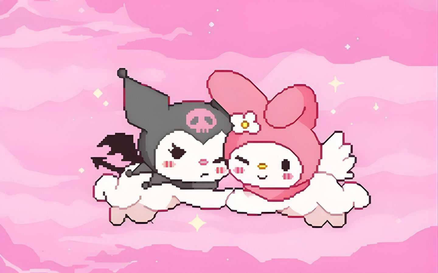 Hình nền đôi bạn thỏ Kuromi và My Melody nháy mắt 