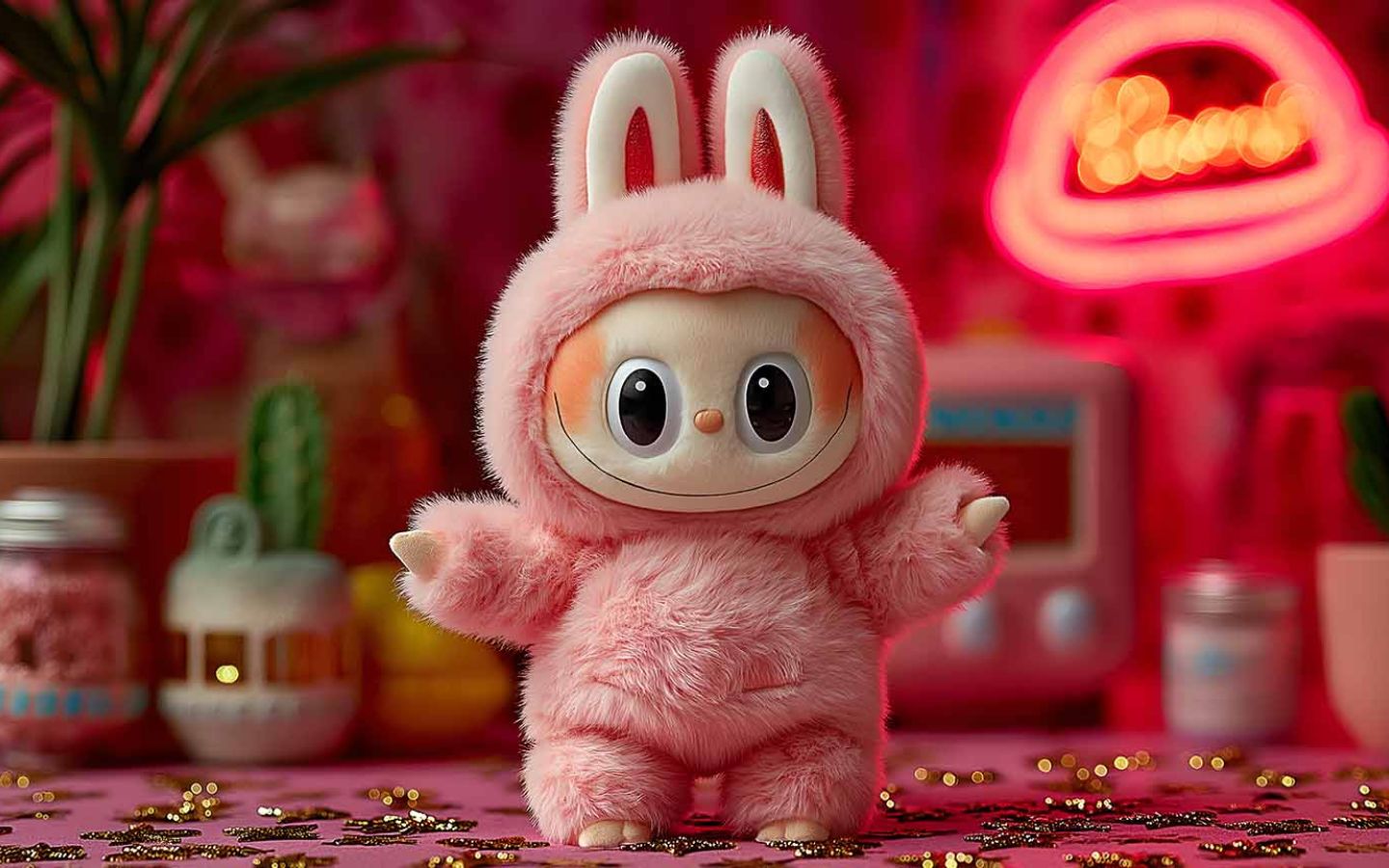 Labubu lông xù, tỏa sáng dưới ánh neon