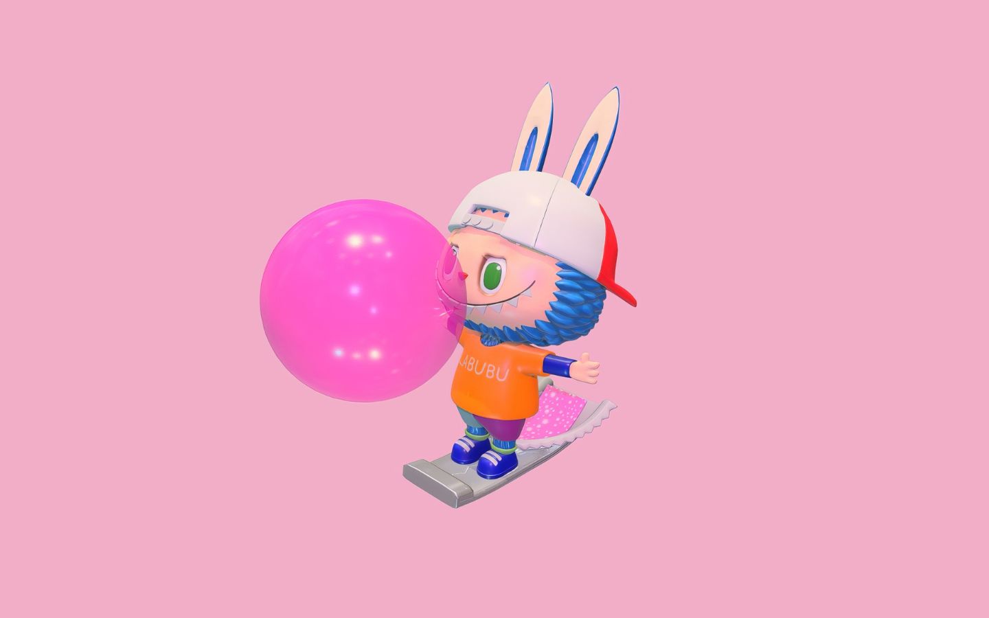 Labubu trượt ván, thổi bong bóng hồng to