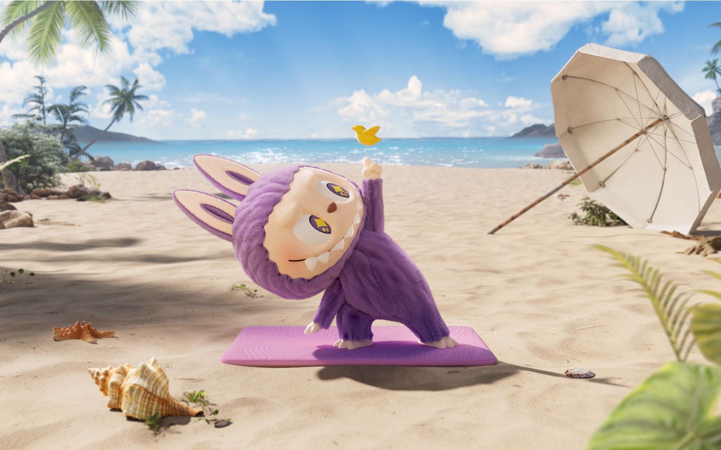 Labubu tắm nắng, yoga trên bãi biển