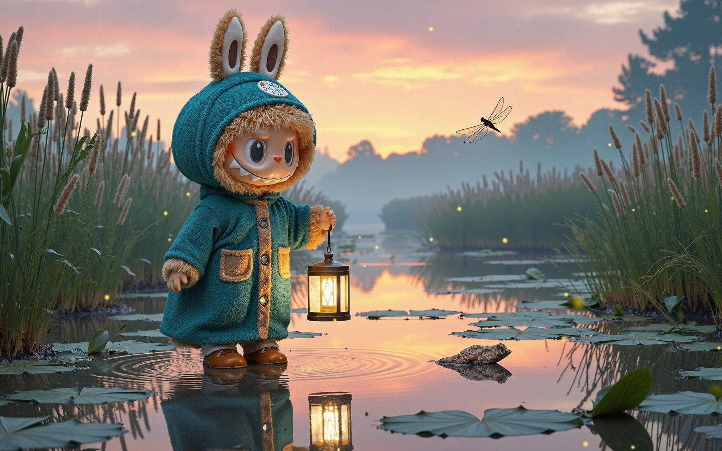 Labubu thám hiểm, cầm đèn lồng giữa hoàng hôn