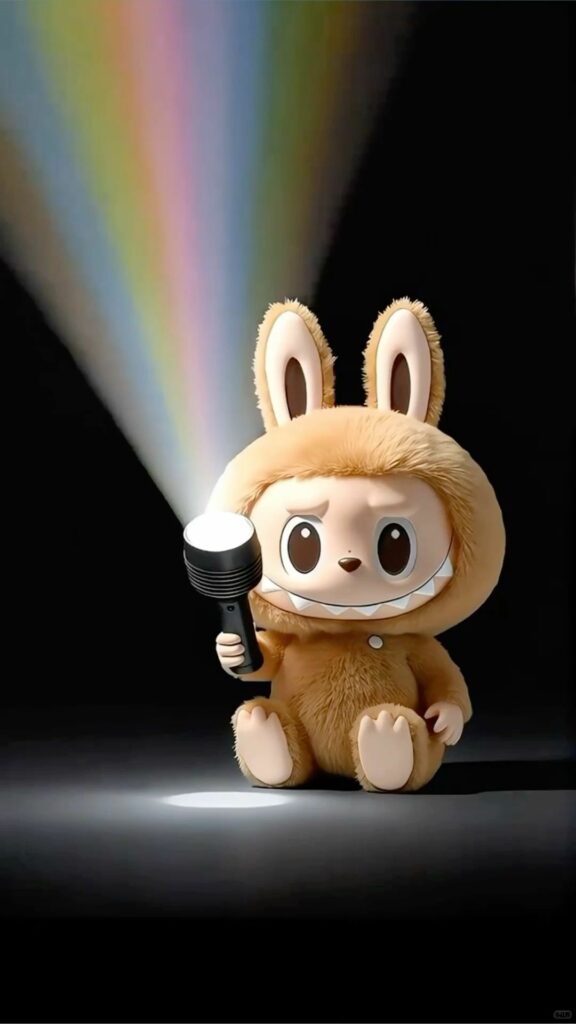 Labubu ngồi giữa ánh sáng rực rỡ, bí ẩn