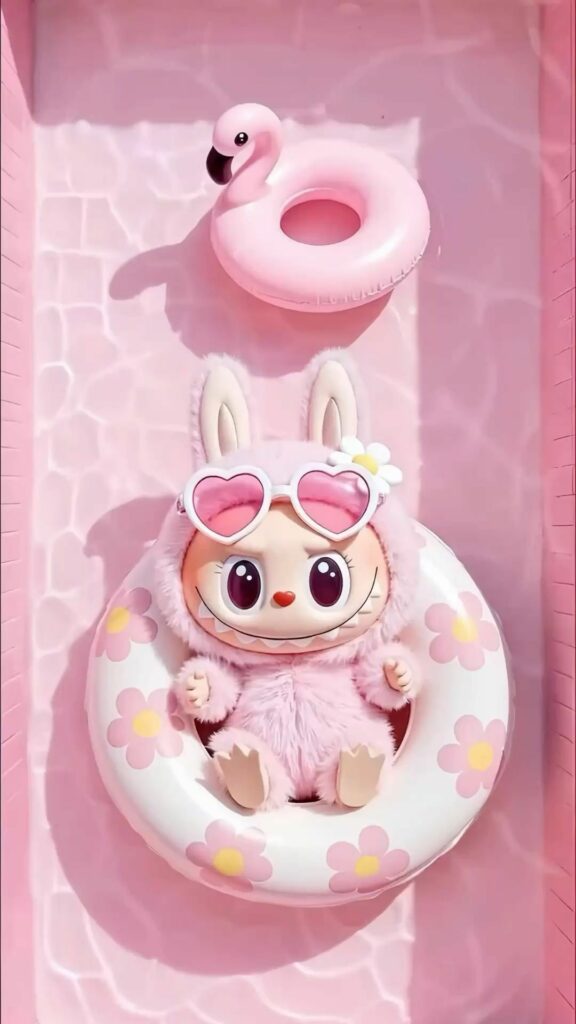 Nàng Labubu tận hưởng phao bơi hồng xinh