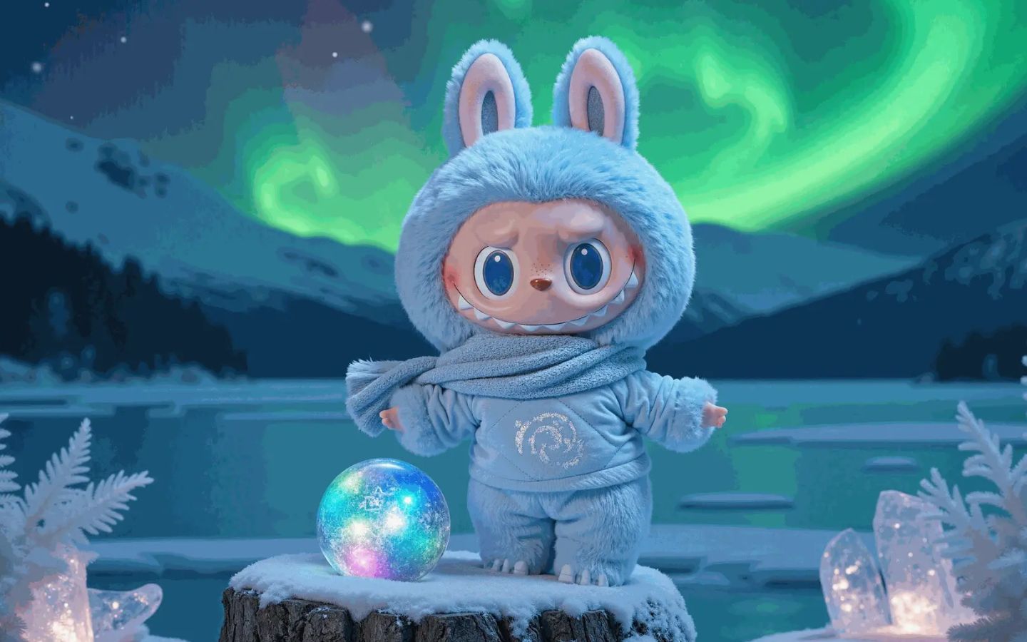 Labubu băng giá, tỏa sáng dưới cực quang xanh