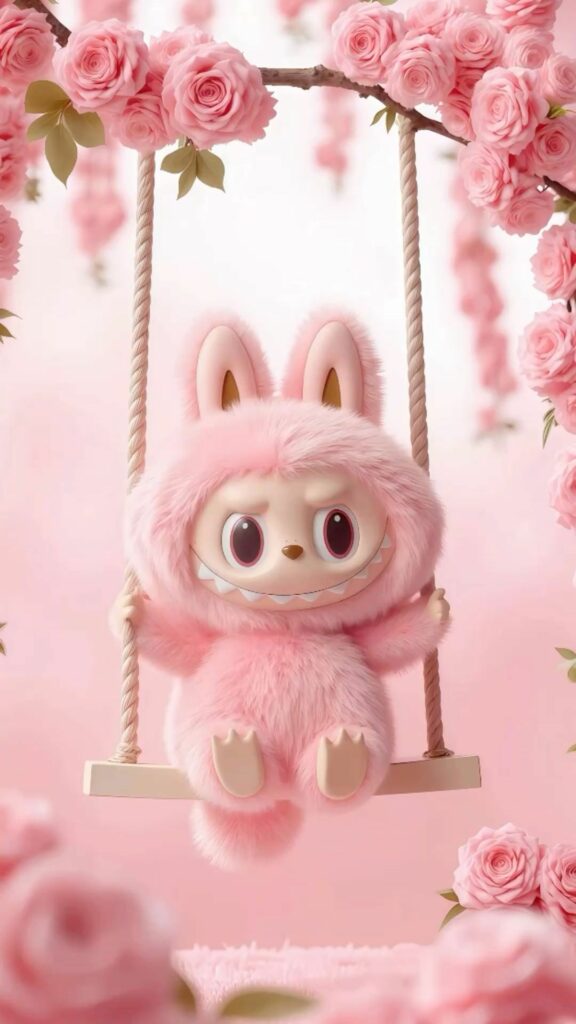 Labubu đu đưa trên chiếc xích đu hoa