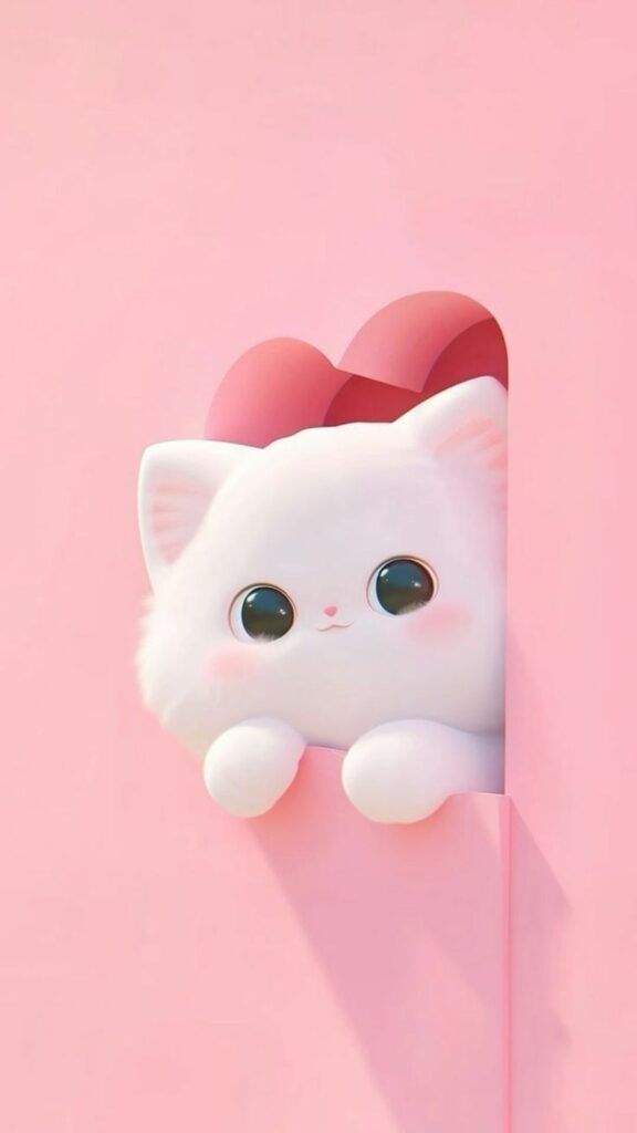 Hình nền màu hồng cute nhất cho điện thoại và máy tính 5 Mèo con lấp ló, gửi lời chào ngày mới thật xinh