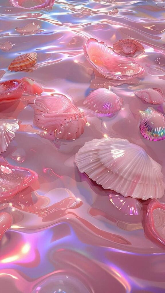Hình nền màu hồng cute nhất cho điện thoại và máy tính 32 Vỏ sò và ngọc trai lấp lánh dưới làn nước màu hồng