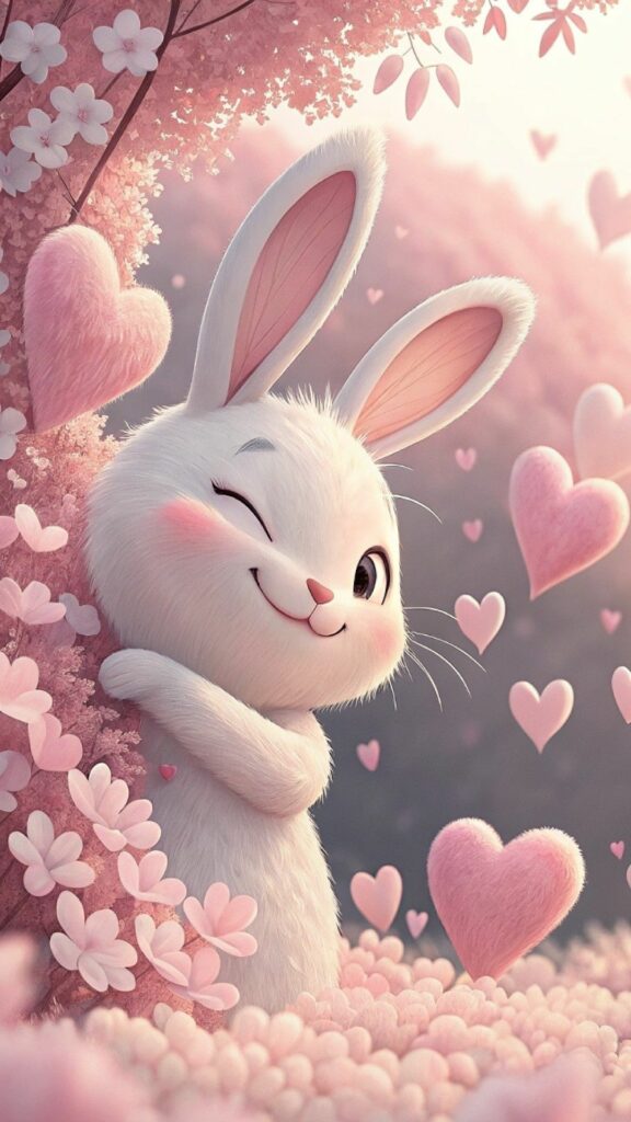 Hình nền màu hồng cute nhất cho điện thoại và máy tính 6 Chú thỏ nhỏ xinh xắn giữa vườn hoa hồng lãng mạn