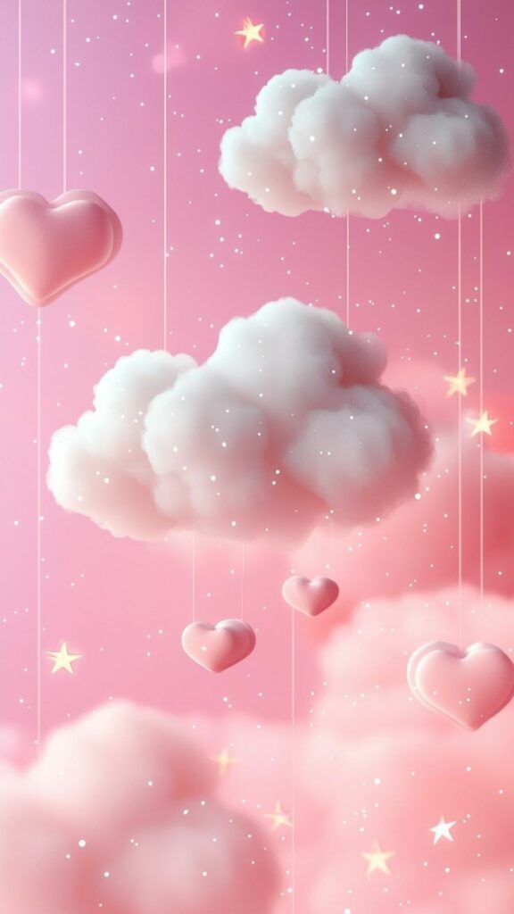 Hình nền màu hồng cute nhất cho điện thoại và máy tính 9 Mây hồng, mưa tim: Bầu trời đầy ắp yêu thương