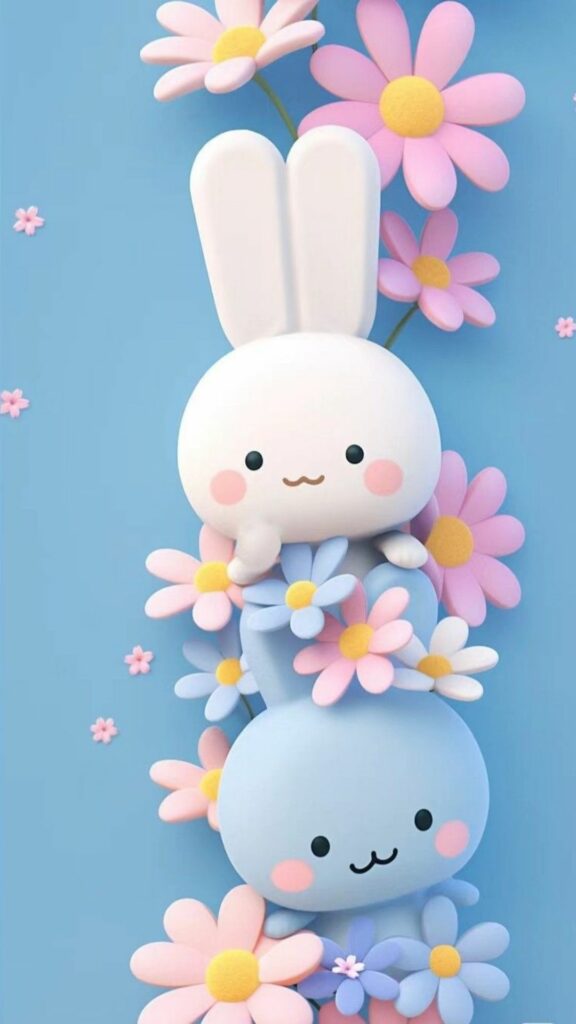 Hình nền xanh dương với chú thỏ trắng cute