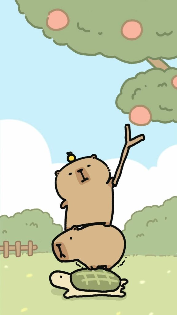 Capybara xếp chồng lên rùa hái quả