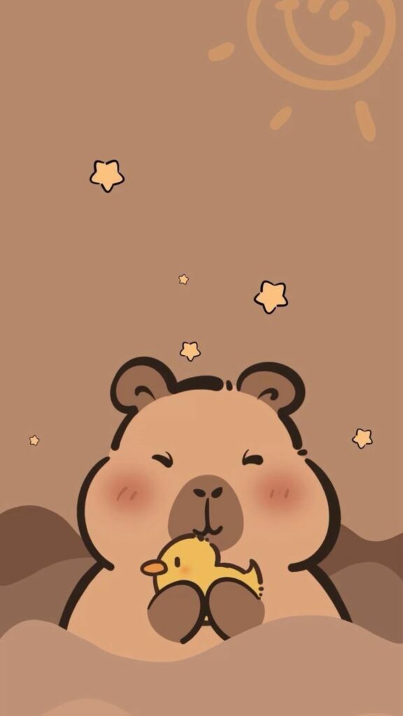 Capybara ôm chú vịt vàng, vẻ mặt vẫn đơ