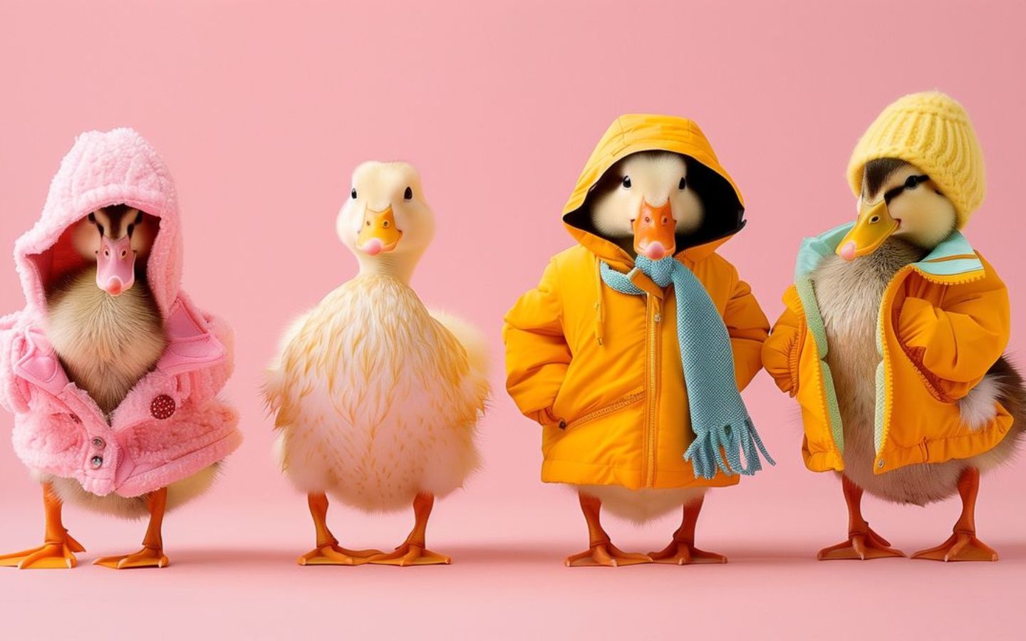 Bốn chú vịt đội mũ, vô tri đứng dưới mưa