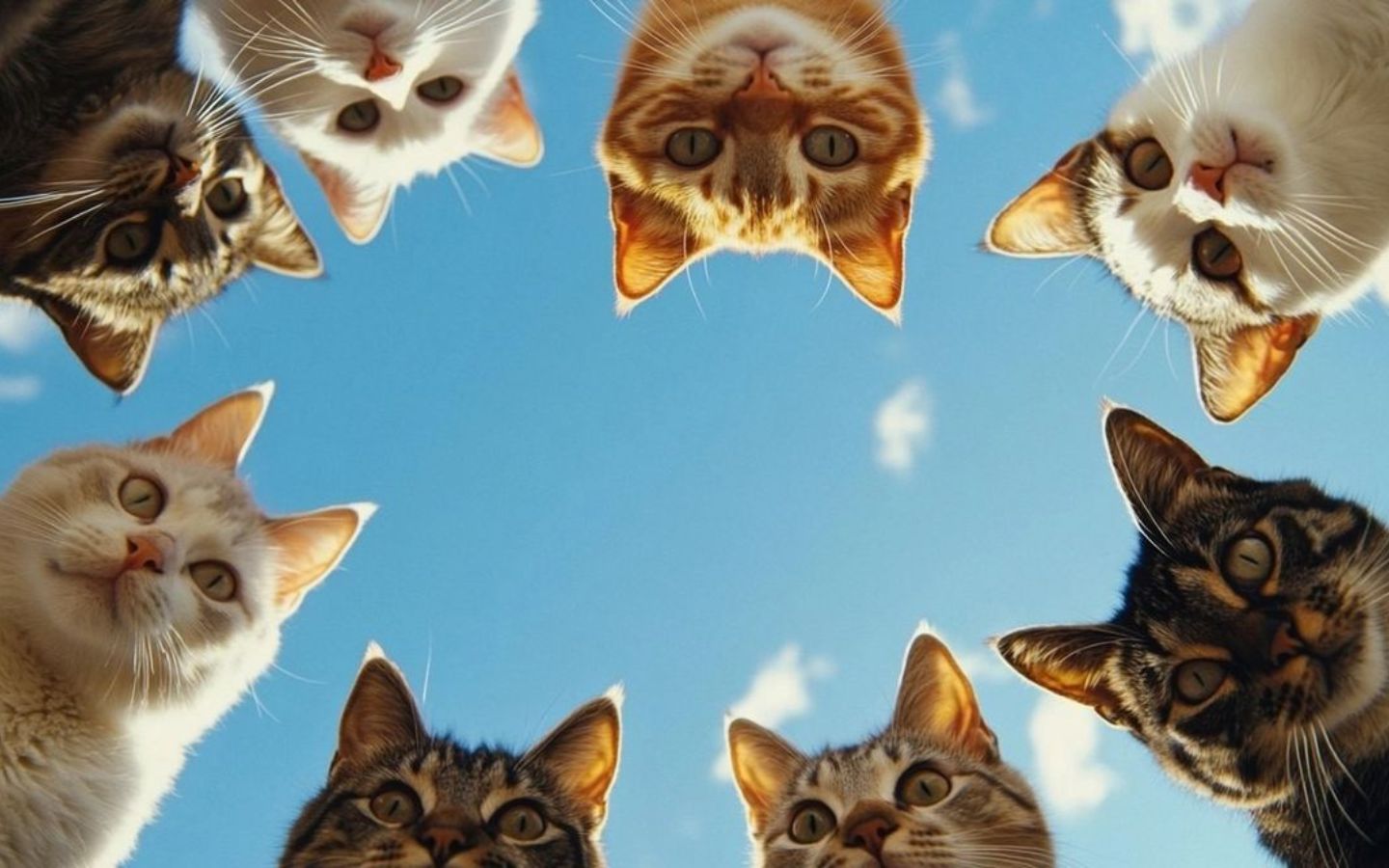 Đàn mèo ngước nhìn, biểu cảm vô tri trên nền trời