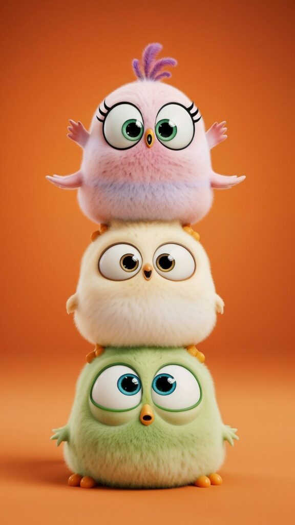 Ba chú chim xếp chồng, vẻ mặt ngơ ngác, đáng yêu