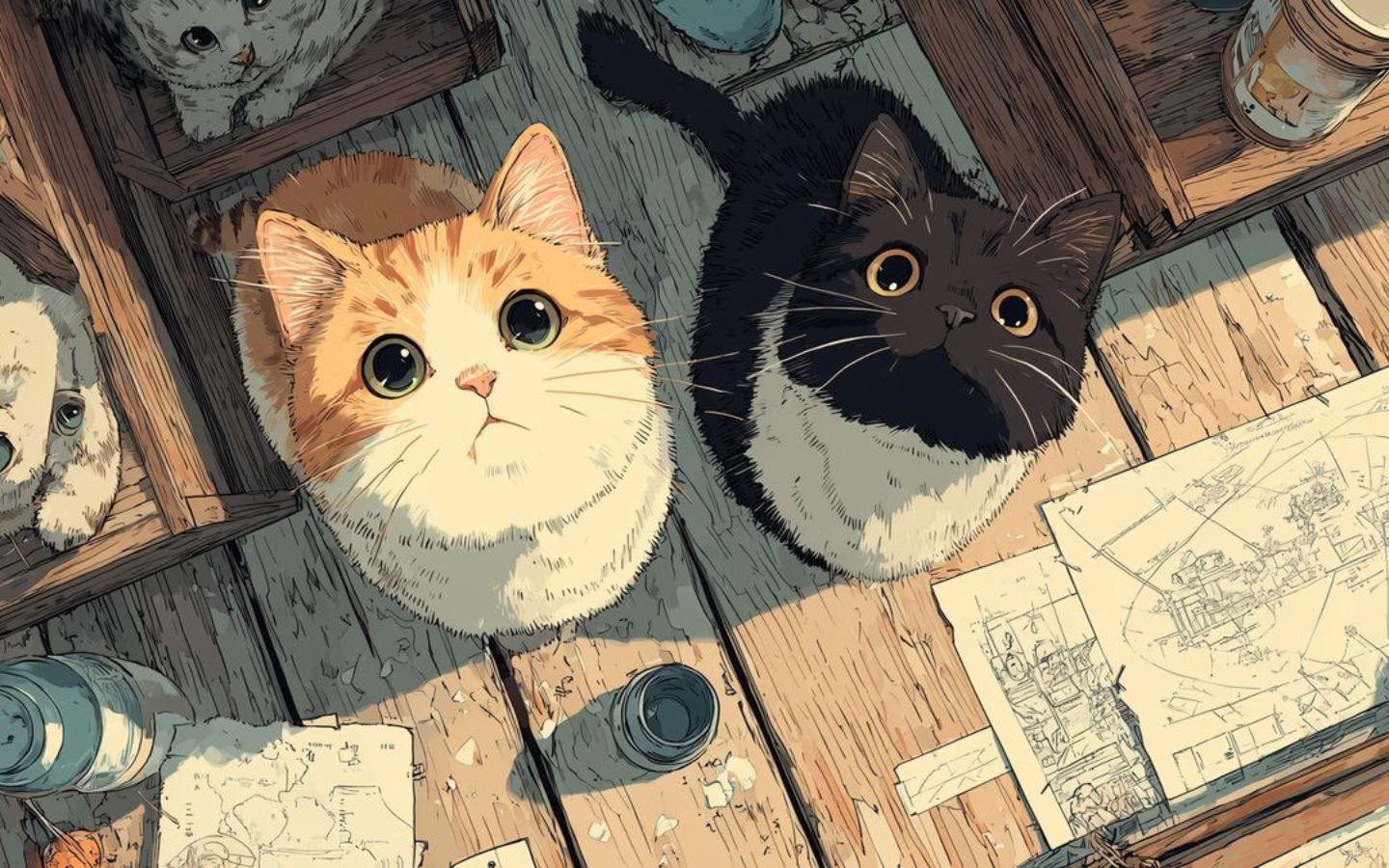 Hai mèo nhìn lên, khuôn mặt vô tri đáng yêu