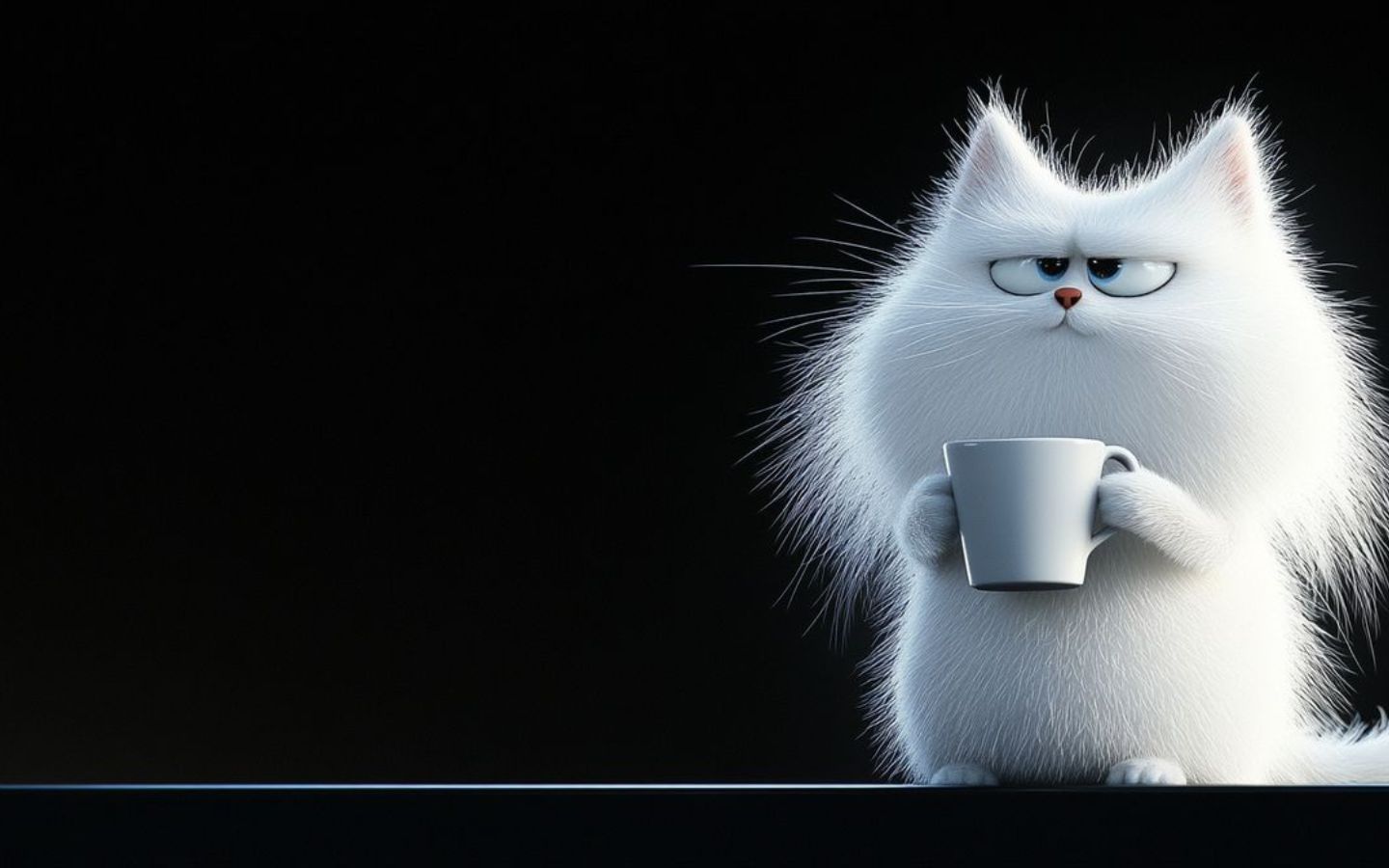 Mèo trắng "vô cảm" cầm cốc cà phê làm nền.