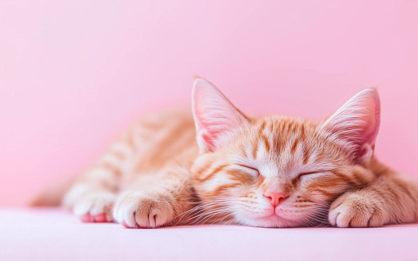 Mèo con ngủ say sưa, vô tri trên nền hồng