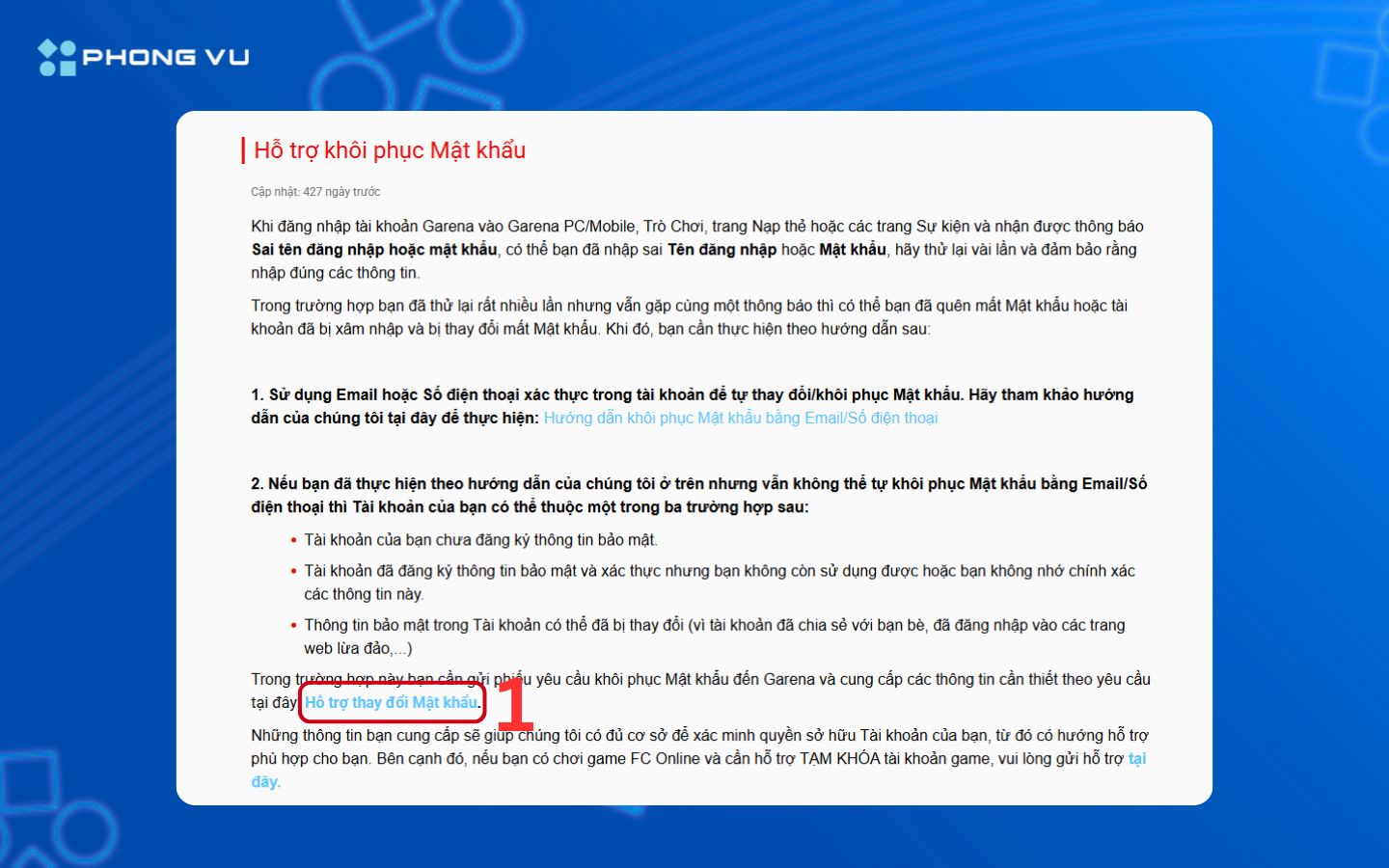 Khôi phục tài khoản Garena thông qua Website 