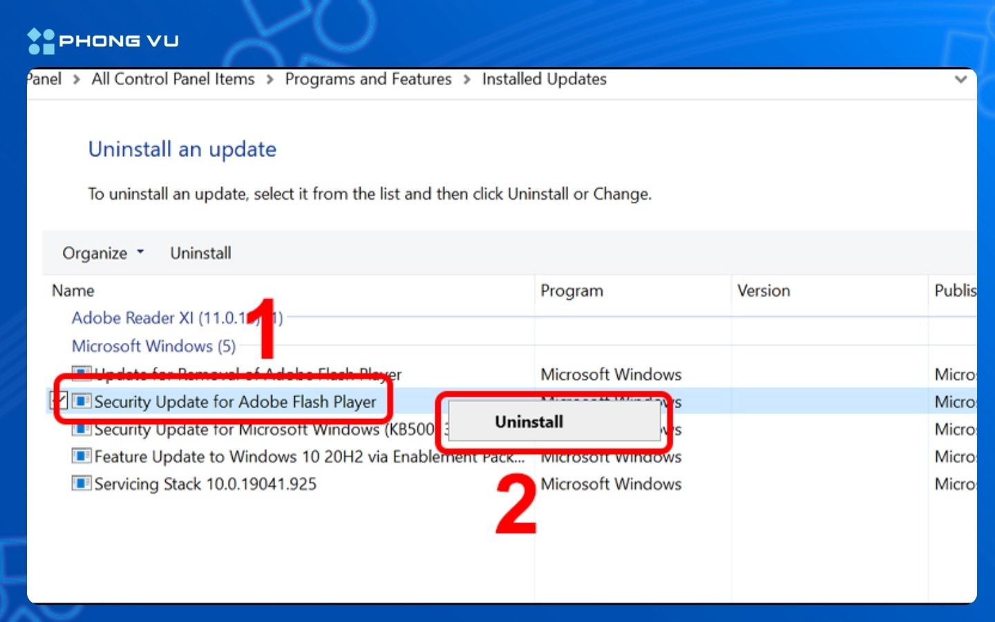 Uninstall để tiến hành gỡ bỏ
