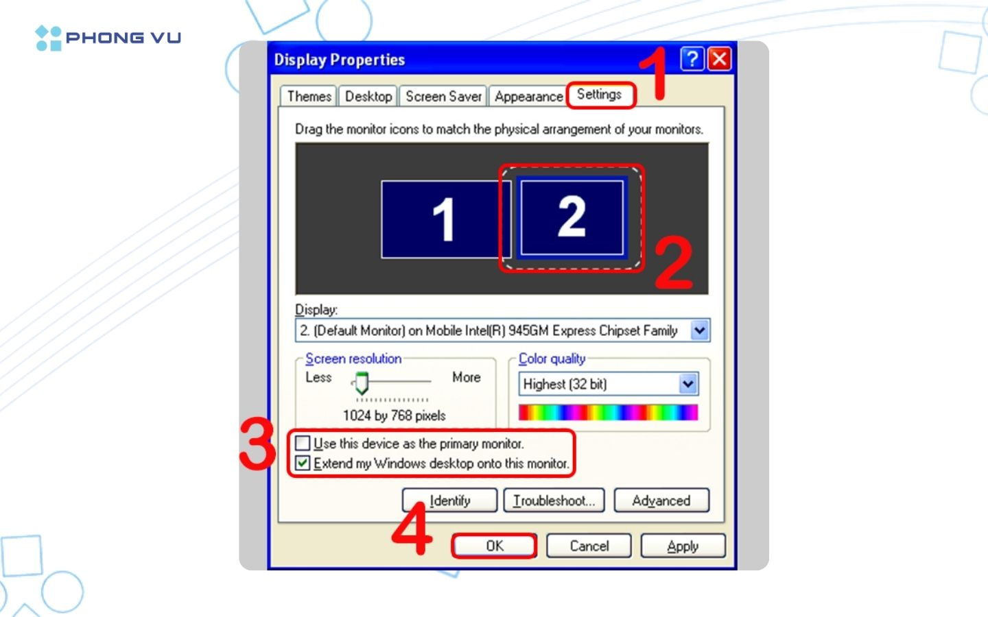 Tại mục Display Properties, chọn Settings > Tiếp theo bạn nhấn màn hình số 2 > Chọn phương thức hiển thị > Chọn OK.