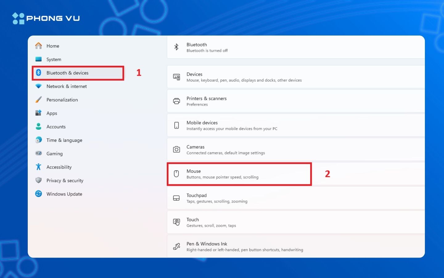Chọn Bluetooth & devices > Chọn Mouse