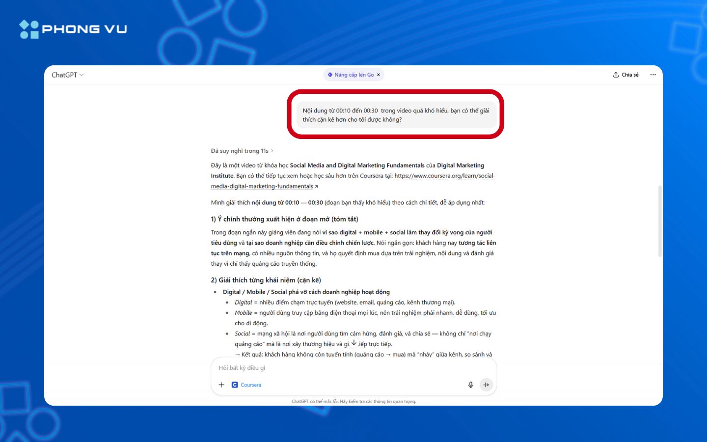 Hướng dẫn hỏi đáp với ChatGPT về khóa học Coursera 