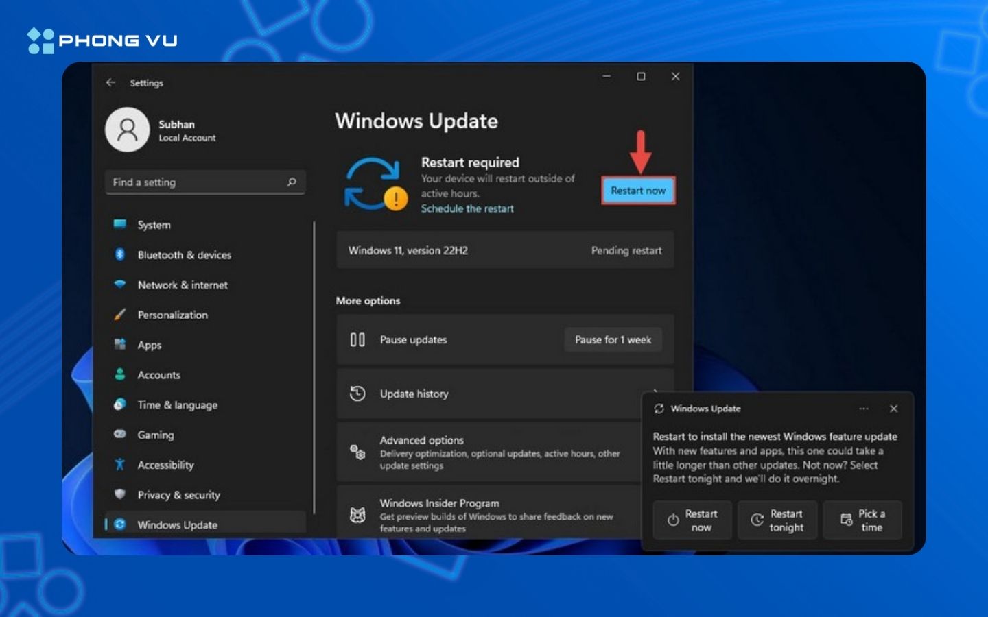Bạn có thể lựa chọn phiên bản Feature update to Windows 11, version 22H2 mới nhất và thực hiện cài đặt bằng cách ấn vào Download & install.