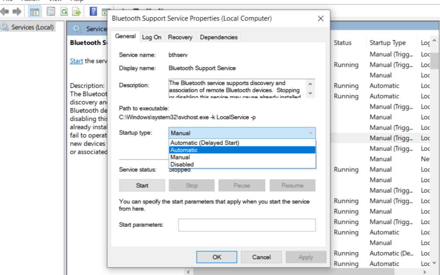 Tại tab General, đảm bảo Startup type được đặt là Automatic