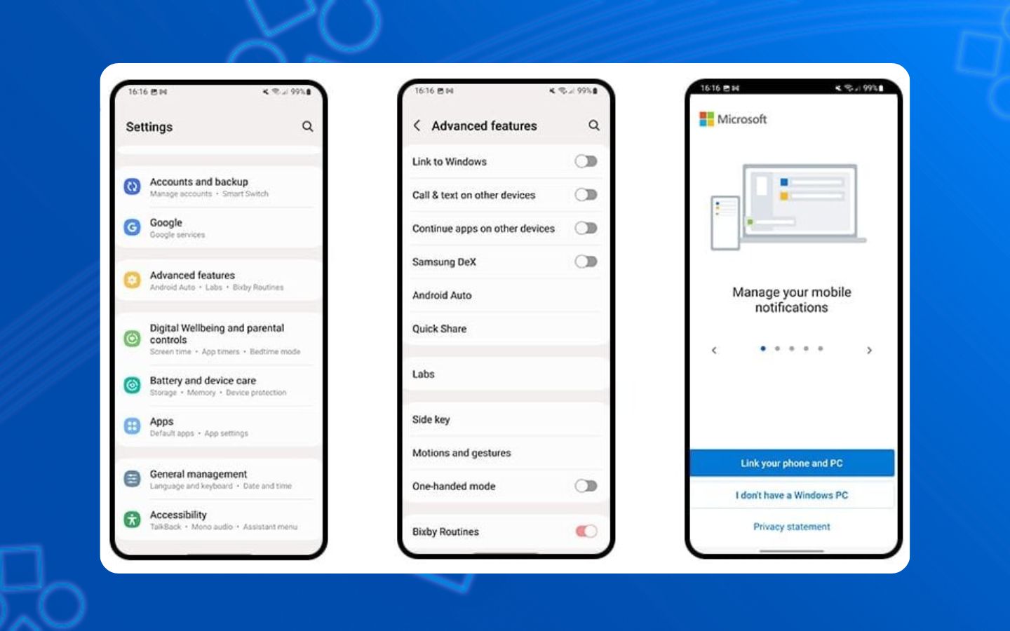 Mở Cài đặt > Tính năng nâng cao (Advanced Features) > Link to Windows