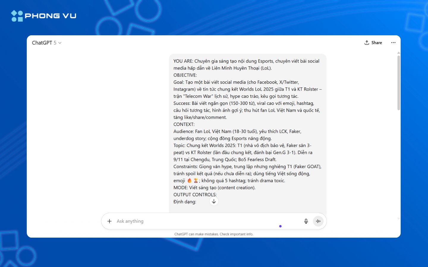 Cách tạo prompt ChatGPT dễ sử dụng cho mọi tình huống 2 Tạo một cấu trúc prompt chuẩn giúp bạn dùng ChatGPT linh hoạt