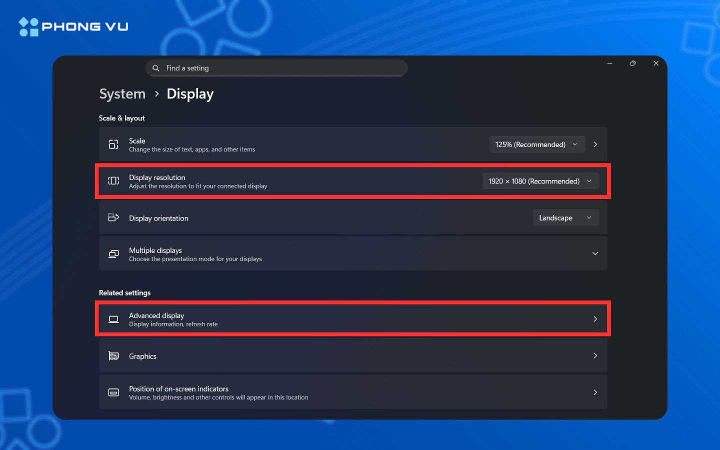 Ở mục Display resolution sẽ thấy ngay độ phân giải hiện tại