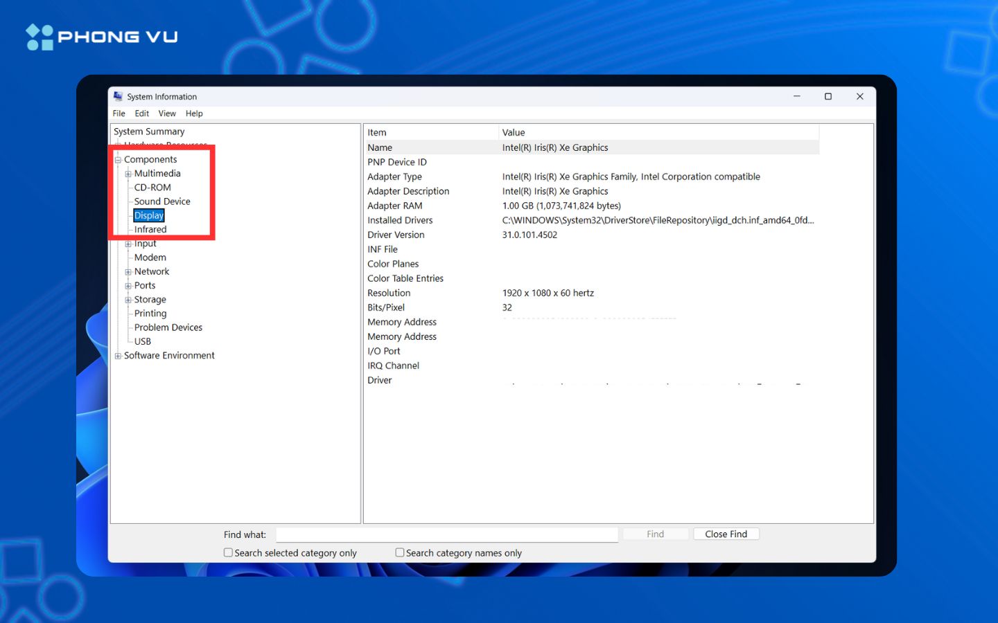 chọn Components → Display