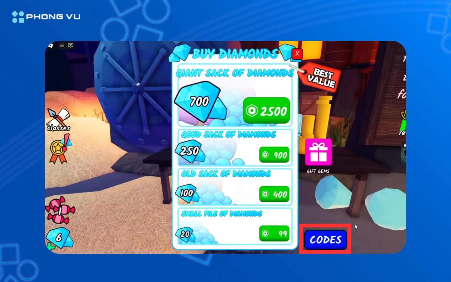 chọn nút Codes màu xanh dương