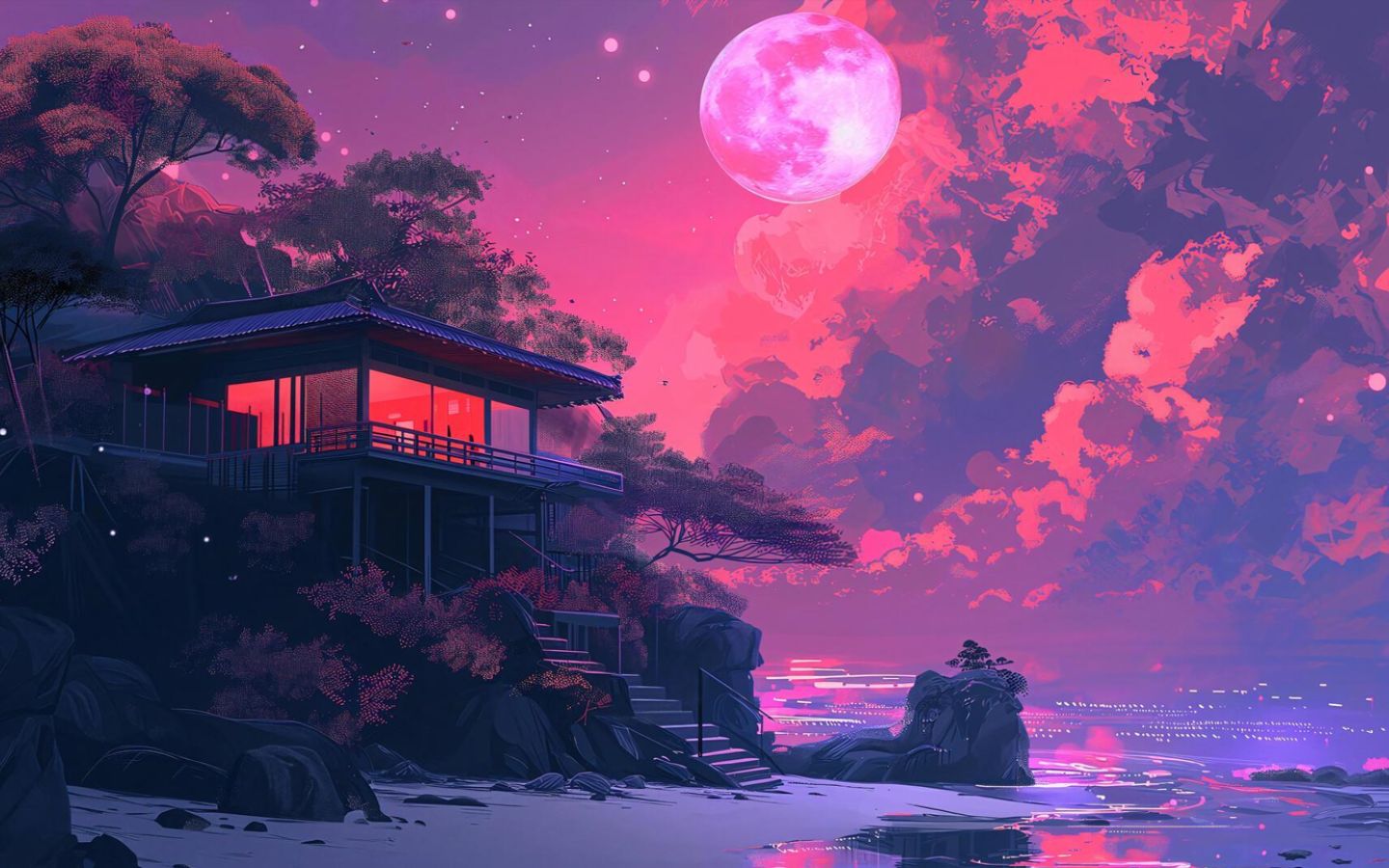 Trăng hồng dịu dàng nhà trên đồi