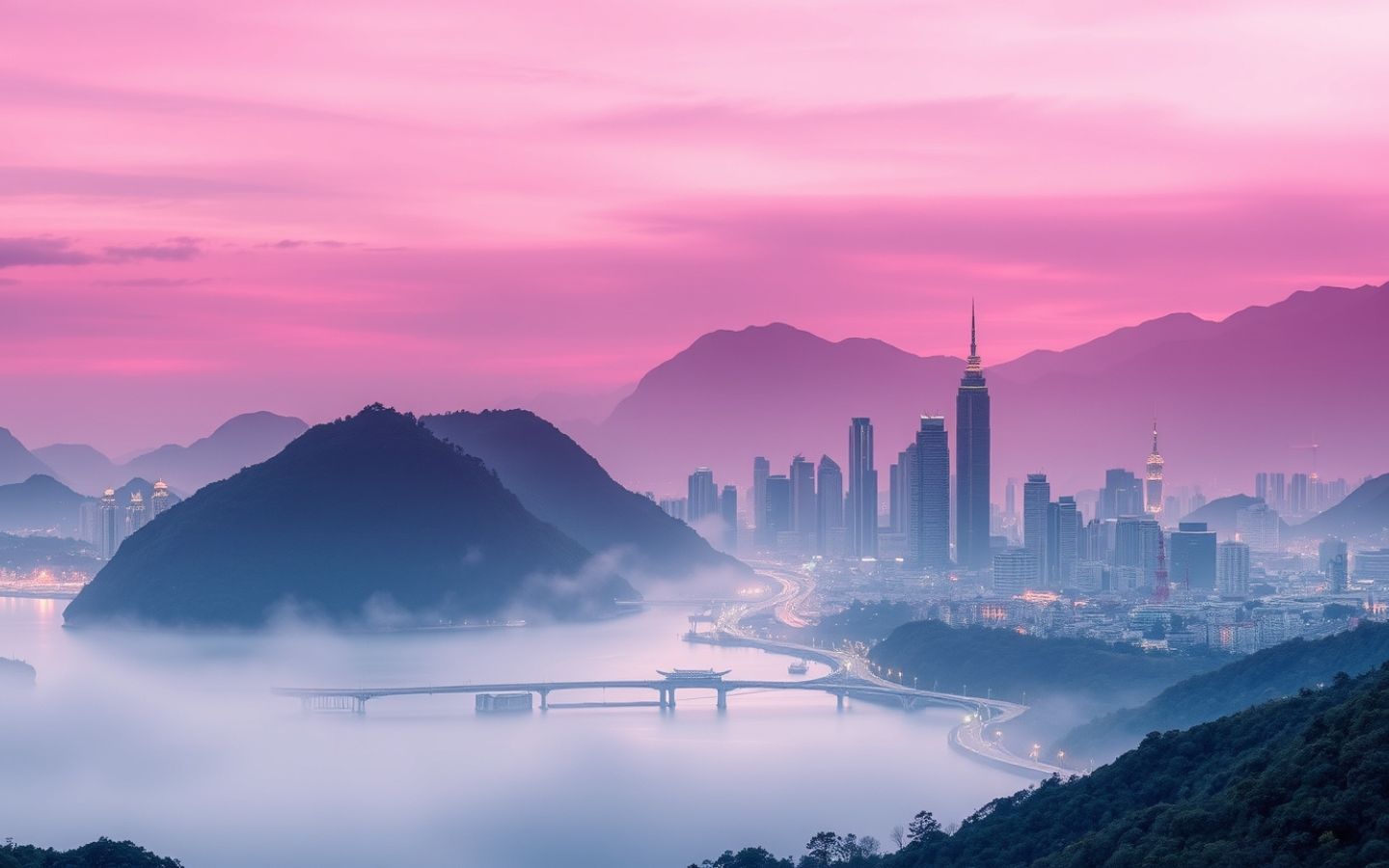 Thành phố sương mù nhuộm màu hồng