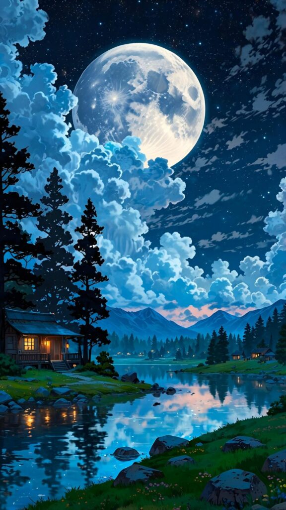 Vầng trăng lớn phản chiếu mặt hồ