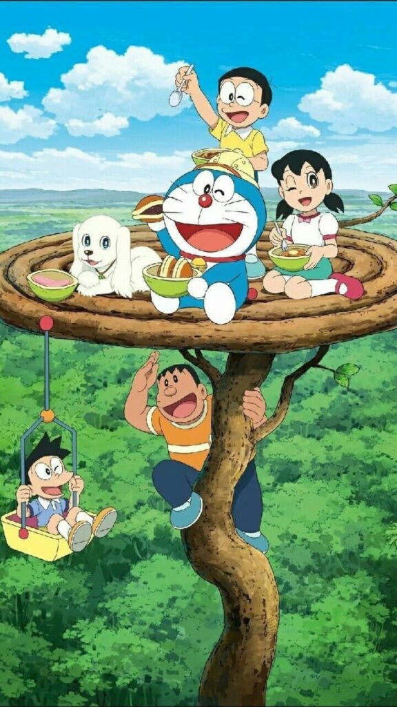 Nhóm bạn Doraemon vui vẻ chơi đùa trên cây cao