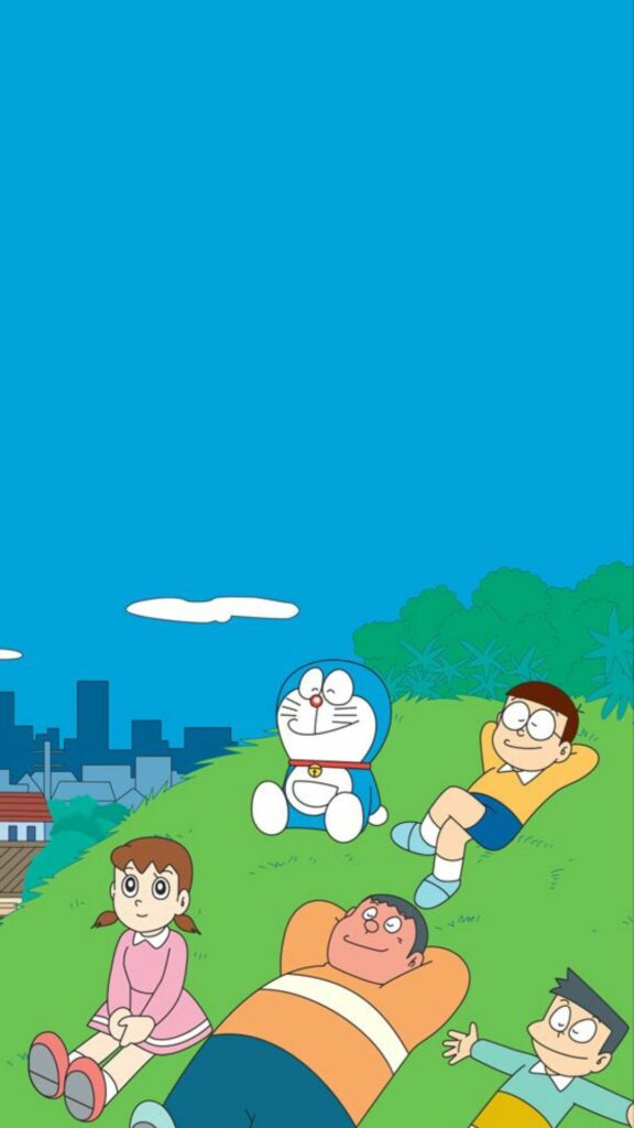Nhóm bạn Doraemon thoải mái nằm dài trên thảm cỏ xanh