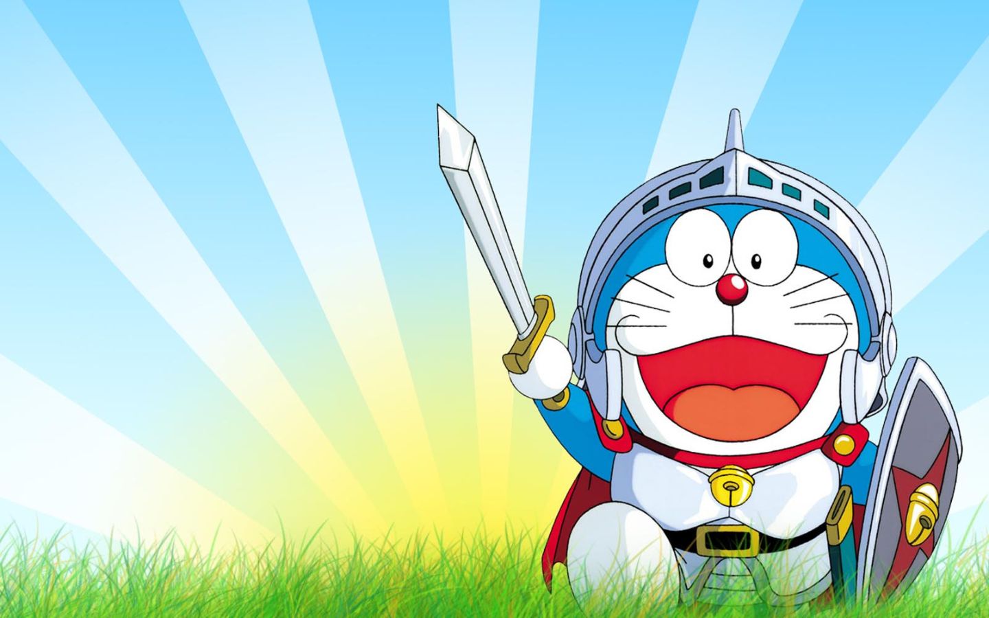 Hình nền Doraemon hóa hiệp sĩ, đứng giữa cánh đồng xanh lộng gió