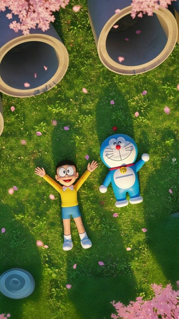 Nobita và Doraemon nằm nghỉ ngơi giữa thảm cỏ xanh