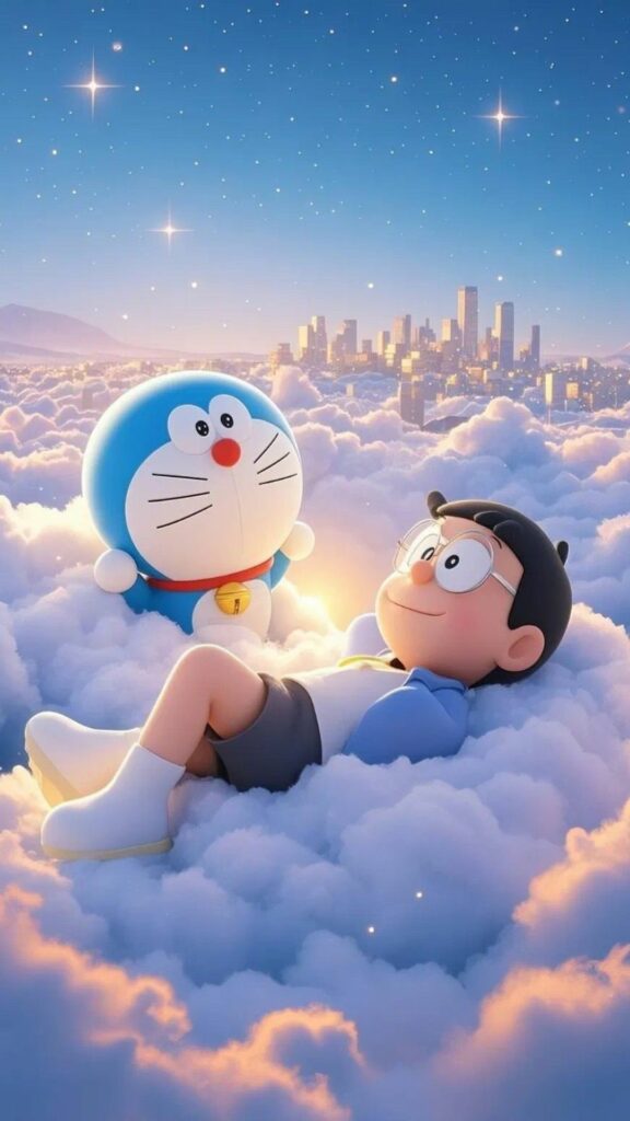 Nobita ngủ trên mây cùng Doraemon, mơ về tương lai