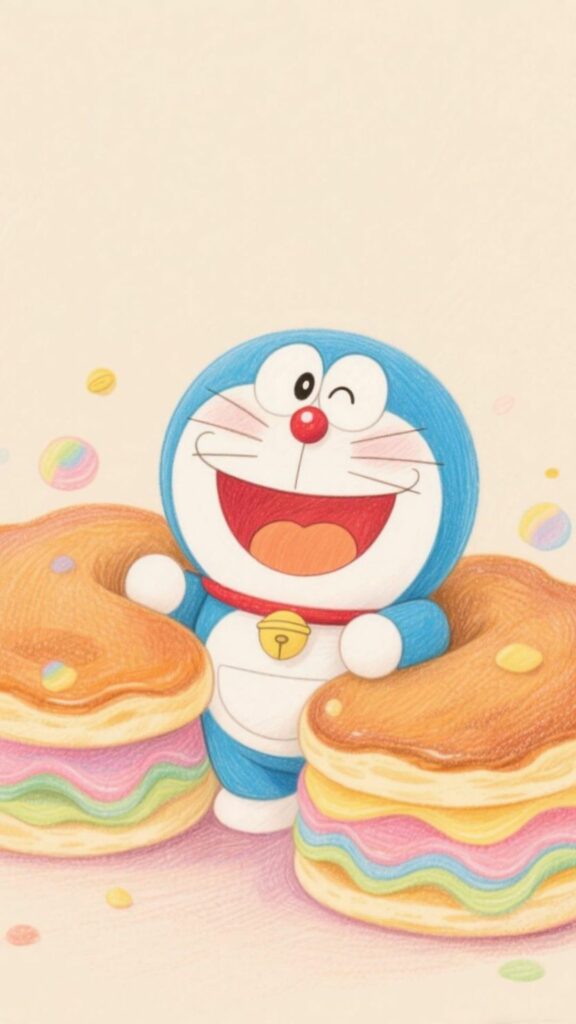 Mèo ú Doraemon thích thú bên đĩa bánh ngọt ngào hấp dẫn
