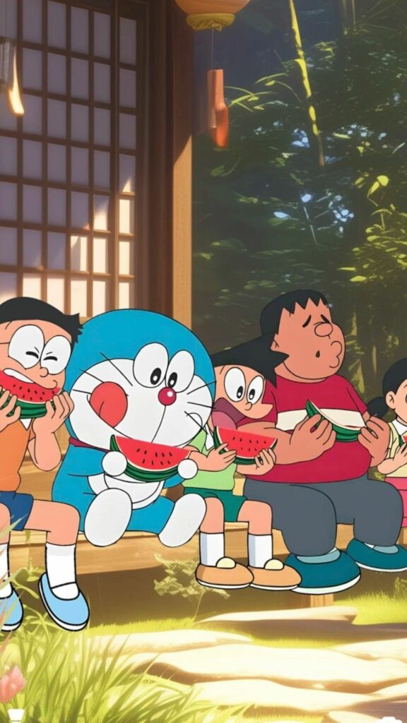Nhóm bạn Doraemon quây quần bên nhau dưới hiên nhà